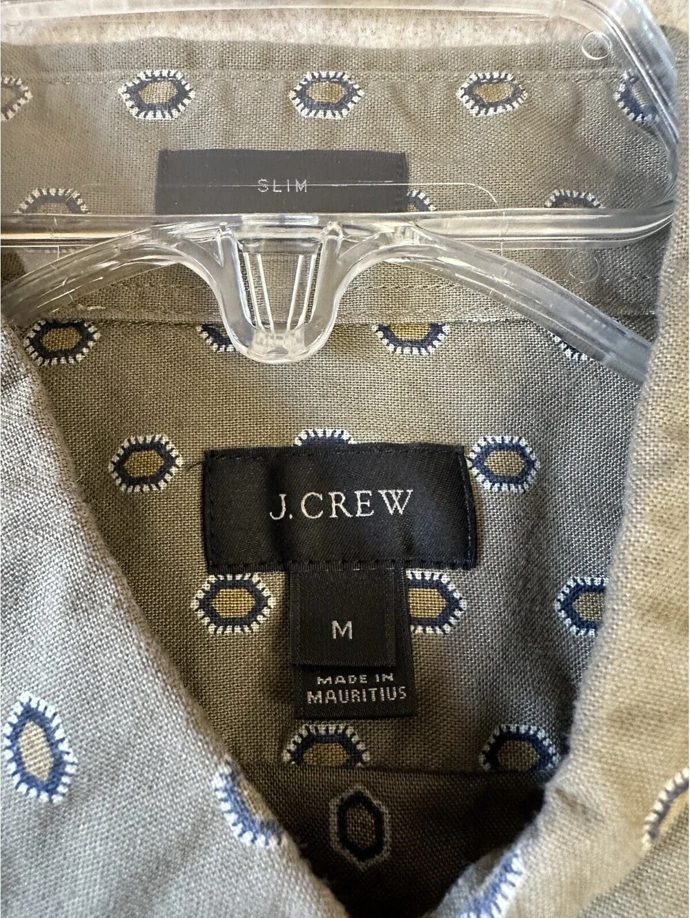 J Crew Slim Fit 100% Cotton Button Shirt Men's Medium Olive Geometric Diamond